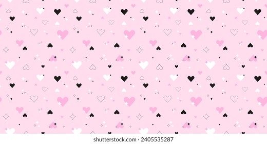 Y2k Valentine's Day background with linear stars and hearts in black and pastel pink colors. Geometric and elegant love shapes, futuristic and dreamy abstract vector illustration. Seamless pattern.
