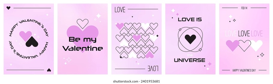 Y2k Valentine's Day futuristic designs on purple gradient background. Linear hearts, stars and text. Trendy and minimalist  romantic holiday cards set. Vector illustration with geometric shapes.