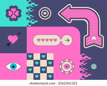 Y2k Valentines day. Playful Geometric composition with Hearts. Retro Groovy Funny vibe. Trendy flame. Simple abstract shapes. Vibrant Background, love mood. Design elements. Neon Pink. Checkered print