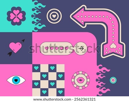 Y2k Valentines day. Playful Geometric composition with Hearts. Retro Groovy Funny vibe. Trendy flame. Simple abstract shapes. Vibrant Background, love mood. Design elements. Neon Pink. Checkered print