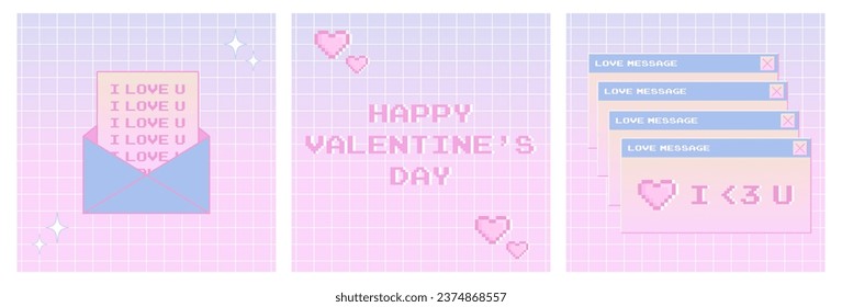 y2k valentine's day postcard set, 90s, 2000s style, trendy, nostalgia, poster, cover, aesthetic, retro, vector illustration