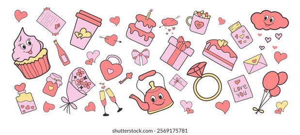 Y2K Valentine's Day Sticker Set. Trendy Retro Love Icons. Love post office. Many various romantic objects Isolated. Cute Collection Elements Vector Illustration, Ring, Wineglass Heart, Envelope, Key.