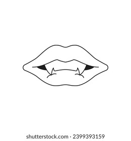 Sonrisa vampiro Y2k sonrisa labios hembras con dientes de colmillo monocromo línea retro groovy ilustración vectorial de ícono. Buzón monstruo del emoji de Halloween con pegatina de moda mínima para la impresión de tatuajes o camisetas