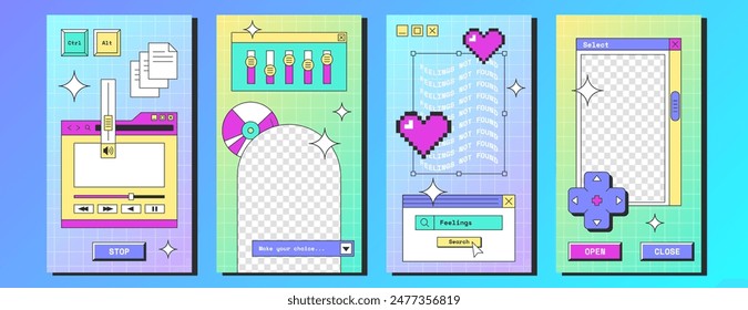 Y2k vaporwave social media posters with retro desktop computer interface with button, player, message frames. Story or post template with old pc screens with browser window, pixel heart, geek stickers