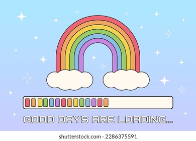 Y2K vector banner with rainbow and loading indicator on the gradient background with stars.