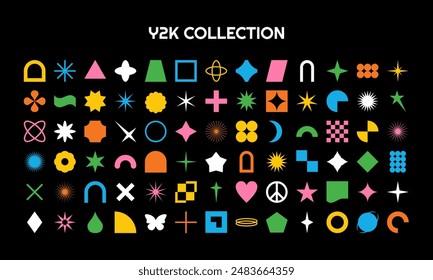 Y2K vector big color collection. Retro abstract templates for your design. Geometric 2000s Bauhaus Brutalist elements. 