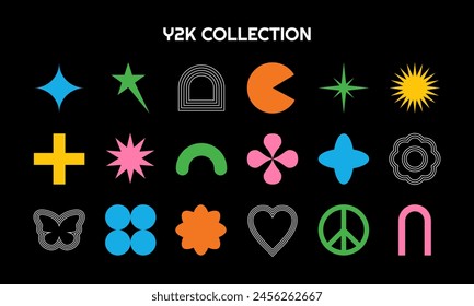 Colección de color de Vector Y2K. Plantillas abstractas retro para su diseño. Elementos geométricos del año 2000