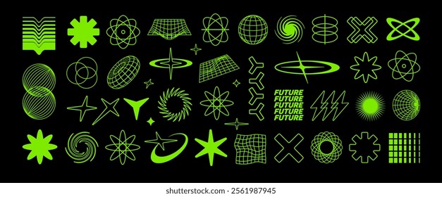  Elementos vetoriais Y2k de formas de brutalismo geométrico na moda, logotipos, grades, design de memphis. Formas simples de ácido, símbolos rave e molduras estilo y2k. Sinais e ícones retrô futurismo no estilo 2000s