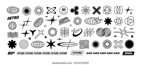 Elementos vetoriais Y2k de formas de brutalismo geométrico na moda, logotipos, grades, design de memphis. Formas de silhueta simples formas, símbolos rave e molduras estilo y2k. Sinais e ícones retrô futurismo no estilo 2000s