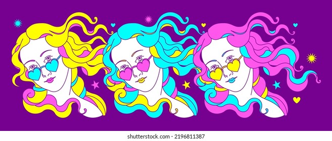 Y2K vector fun line art Illustration of the Venus. Crazy vibrant 2000's doodle graphic style. Aphrodite Goddess or Different women together. Poster, print about Feminism, support, girls Power.