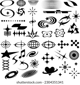 Y2K Vector Graphic Elements Set. Bold modern Shapes for Posters Template, flyers, clothes, social media, graphic design, sticker, In Y2k style, Futuristic, Anti-design, Digital Collage, Retro Futurist