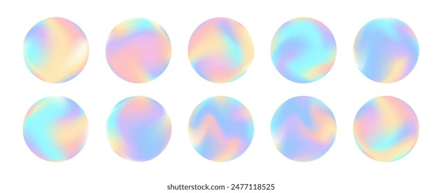 Y2k vector hologram set. Abstract 3d liquid surface collection. Cosmetic package design elements. Round iridescent shiny icons set. Light rainbow color circles. Neon fluid holographic texture circles 