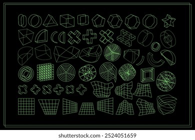 Paquete de Objetos futuristas psicodélicos Y2K Vector Rave en estilo negro verde neón de moda. Surrealista retro abstracto geométrico wireframe Formas, cripto o cyberpunk Elementos y perspectiva grid symbols conjunto