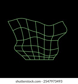 Y2K Vector rave psicodélico futurista objeto ondulado rejilla en estilo negro verde neón de moda. Surrealista retro abstracto geométrico wireframe Formas, cripto o cyberpunk Elementos y perspectiva grid símbolo.