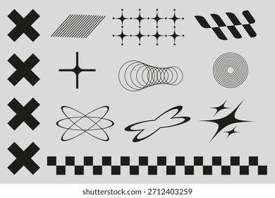 Conjunto de Formas de Vector Y2K. Símbolos geométricos futuristas y retro que incluyen espirales abstractas, átomo, rejilla, estrellas y cruz.