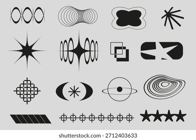 Formas vetoriais Y2K definidas. Símbolos geométricos futuristas e retrô incluindo espirais abstratas, átomo, grade, estrelas e cruz. Perfeito para design digital, marcas, cartazes e roupas de rua.