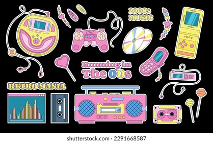 Y2K vector stickers and labels with retro old style objects, music players, gamepads, mobile phone, cassettes, hobby items.