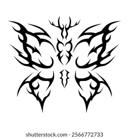 Y2k Vector stylized black butterfly with sharp, tribal-inspired wings spread wide on a white background.