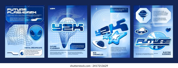 Y2k vibe space banners set. Vector realistic illustration of retrowave posters with wireframe globe, torus, alien face, lollipop, heart, star icons on blue gradient background, retro futuristic flyers