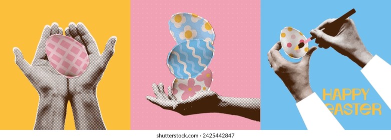 y2k vintage halftone collage of hands holding and painting eggs. The concept of spring holiday celebration . Minimalism cards set. Vector pop art illustration.