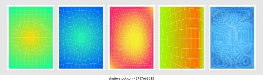 Y2k warped grid background set with vibrant gradient mesh patterns. Modern deformed linear network textures on bright neon color surfaces. Digital distortion aesthetic elements for futuristic design.