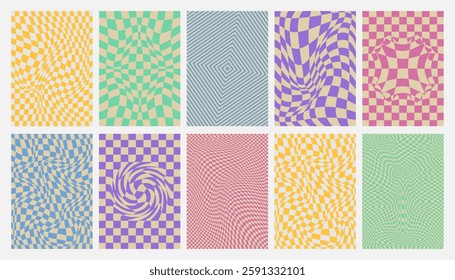 Y2k wavy checkerboard backgrounds with distorted grid patterns. Retro pastel optical illusion textures. Abstract twisted ornaments with dynamic trippy effects. Vintage groovy checker posters set.