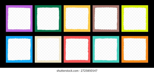 Conjunto de marco cuadrado ondulado Y2K con espacio transparente Png vacío. Colección de borde de imagen de onda linda de vieira cuadrada. Kit de forma de marco ondulado de vieira. Ilustración vectorial