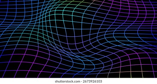 Plano de fundo wireframe ondulado Y2k. Padrão cyberpunk abstrato vetorial com efeito 3d. Textura de malha de arco-íris bg