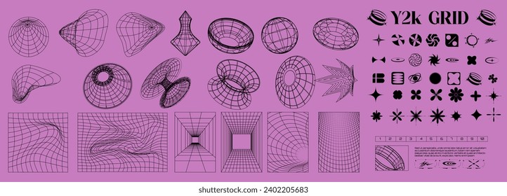 Y2k white grid abstract shape. Set of wireframe geometric forms and symbols. Abstract Geometric Shapes and Patterns Collection on Y2K Grid Background for Design Concepts. Vector illustration
