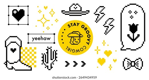Y2k wild west party vector yellow color design elements of cowboy western boot, hat, sparkles and heart, cactus, cowboy icon. Disco cowgirls party stickers. Retro 8 bit game digital style emoticon set