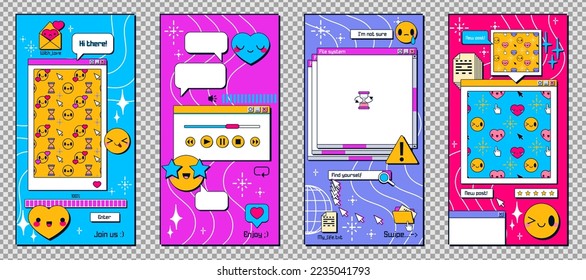 Y2k windows for mobile phone, stories. Social media retro onboard screens in retrowave vaporwave 90s style. App pages with smile faces, message boxes and popup user interface elements, Vector png set