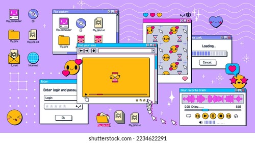 Ventanas Y2k en el escritorio de PC. Pantalla retro en retroonda, estilo vaporwave 90s con pegatinas de hipster facial sonrisa, reproductor de video, cajas de mensajes y elementos de interfaz de usuario emergente, diseño de ux vector