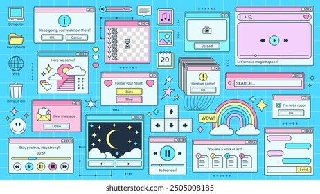 Y2K windows and retro browser pages of PC computer screen, cartoon vector background. Retro 90s Y2K computer interface windows of browser tab, loading or search bar and music player and folder icons