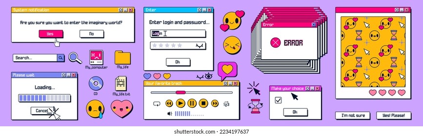 Y2k windows, retro screens in retrowave, vaporwave vintage style. Computer browser and loading process bar, video player, pc desktop error message box and popup user interface elements, vector ux set