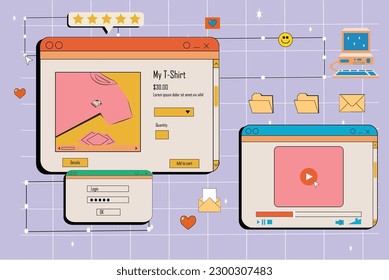 Y2k windows, retro screens in retrowave, vaporwave vintage style. Computer browser shopping and login interface, video player, pc desktop icon, star rating bar and folder user interface elements,  ux