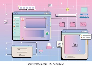 Y2k windows, retro screens in retrowave, vaporwave vintage style. Computer, social media and login interface, post, pc desktop icon, star rating bar and folder user interface elements,ux design