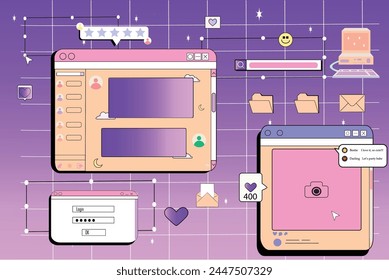 Y2k windows, retro screens in retrowave, vaporwave vintage style. Computer, social media and login interface, post, pc desktop icon, star rating bar and folder user interface elements , ux design