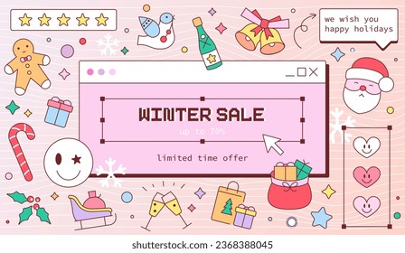 Y2K Winter Sale Banner. Groovy 60s and 70s Retro PC Screen Design. Vintage Cartoon Santa Claus, Festive Ornament, Gifts, Jingle Bells. Perfect for New Year Announcements, Greetings, Party Invitations.