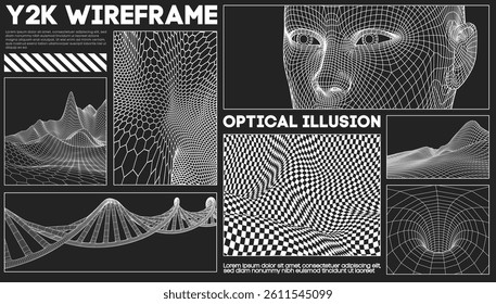 Y2K wireframe collage with 3D digital face, DNA helix, hexagonal mesh terrain, optical illusion pattern, vortex tunnel, and abstract grid surfaces on dark background for tech, science, or futuristic