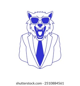 Y2k lobo homem de negócios em óculos de sol gravata terno azul esboço linha ícone vetor ilustração plana. Raiva poder rugido canino predador mínimo psicodélico selvagem empresário animal retrato contemporâneo arte pop