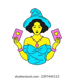 Y2k woman magician with heart playing cards comic cartoon character groovy icon vector flat