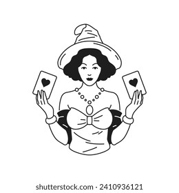 Y2k woman magician with playing card heart love monochrome line retro groovy icon vector illustration. Female sorceress performing trick funfair circus artist portrait minimal trendy sticker