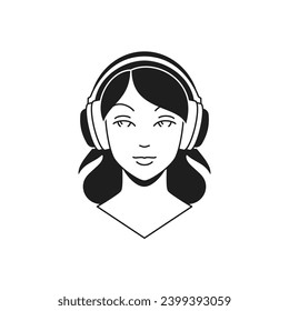 Y2k woman portrait in headphones DJ music cyber gaming monochrome line retro groovy icon vector illustration. Modern female in earphones cyberspace gamer minimal trendy sticker for t shirt print