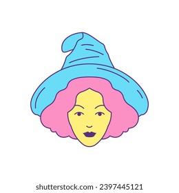 Y2k woman witch Halloween sorceress in hat portrait cartoon groovy style icon vector flat