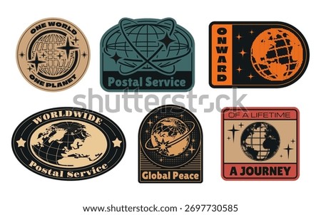 Y2k worldwide globe stickers set isolated on white background. Vector realistic illustration of global postal service, import or export delivery, world travel icons, retro stamps with earth signs