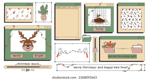 Y2K Xmas Computer Elements Set. Christmas tree, deer, garlands, pudding