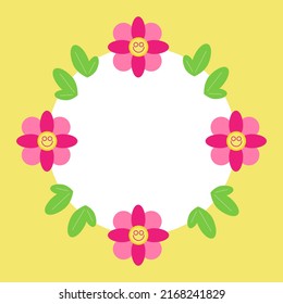 Y2k_círculo2. Postal con flores, folletos, emoticonos. Ilustración vectorial.