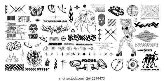 Y2K-inspired, retrofuturistic and brutalism elements in street aesthetics and trendy prints for clothing brand, T-shirts, typography. Streetwear prints, Y2K style with lettering. Vector graphic pack