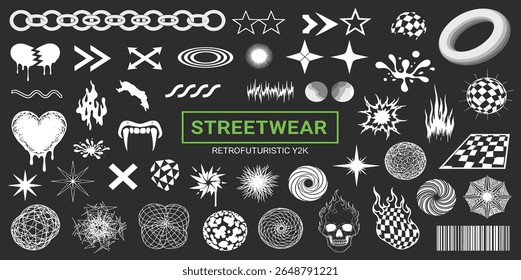 Y2K-inspired, streetwear and retrofuturism, featuring abstract symbols, flames, spikes, stars, and dynamic lines. Y2K graphic box for typography, apparel, t-shirt, merch.