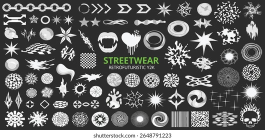 Y2K-inspired, streetwear and retrofuturism, featuring abstract symbols, flames, spikes, stars, and dynamic lines. Y2K graphic box for typography, apparel, t-shirt, merch.